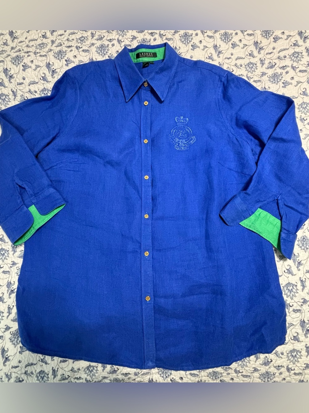 Lauren Ralph Lauren women’s plus size 1X Blue Button down shirt 3/4 Sleeve - Picture 2 of 11